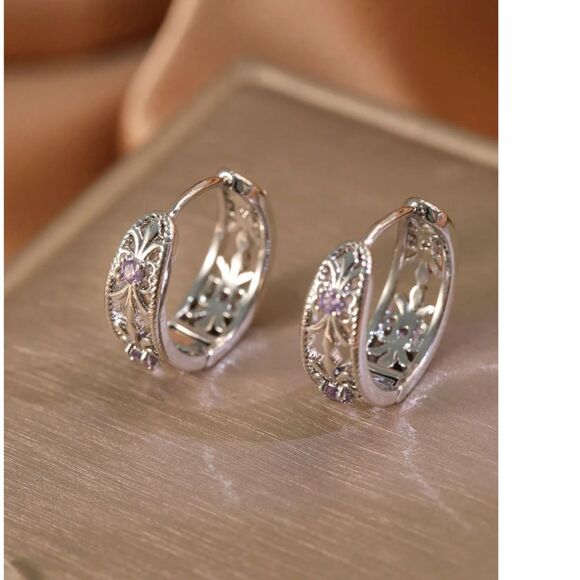 Silver Lace Filigree Purple Cubic Zirconia Hoop Huggie Earrings Fashion Jewelry - Picture 1 of 6